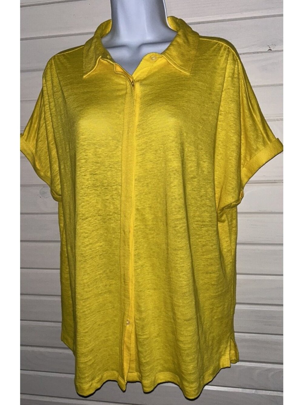 Chicos Sz 1 (MEDIUM) Yellow Linen Button Front Shirt Tunic Slub Knit S/S EUC
